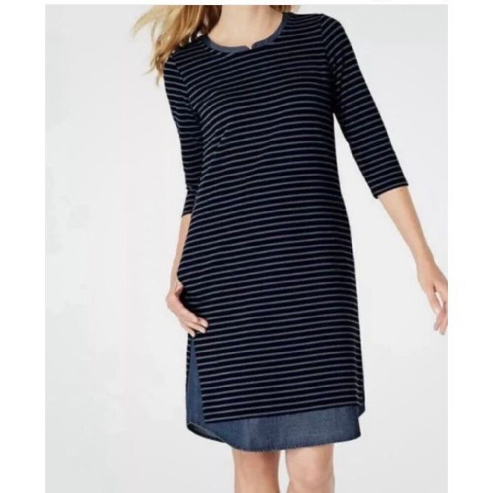 J Jill women’s navy blue, striped knit, chambray shirt, dress, size medium